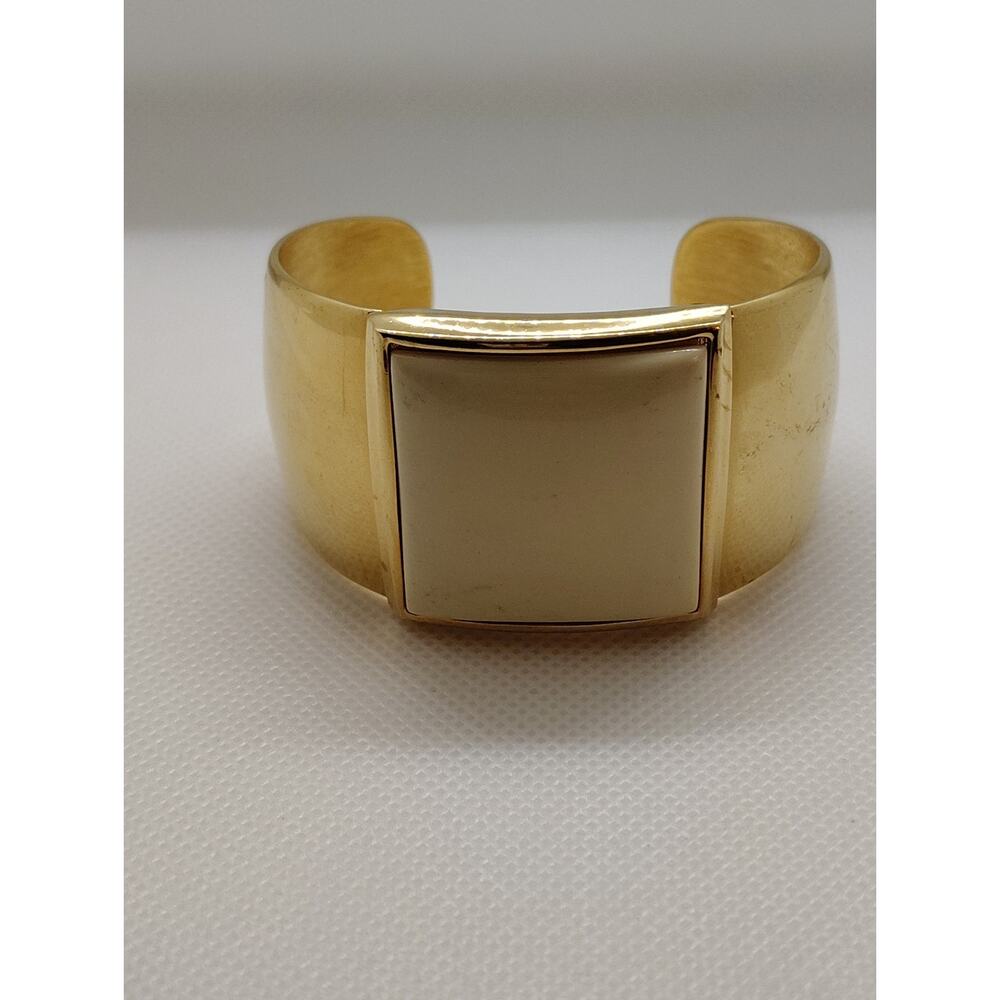 Vintage 1 3/8" Wide Cream Enamel Panel Square Gold Tone 6" Cuff Bracelet by Avon